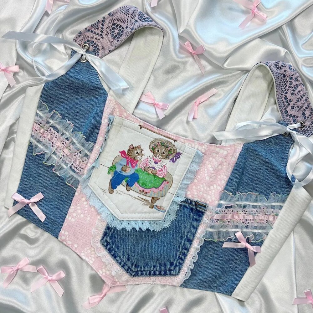 Whimsical Upcycled Denim Corset Top – Vintage Cats & Ruffle Lace Details